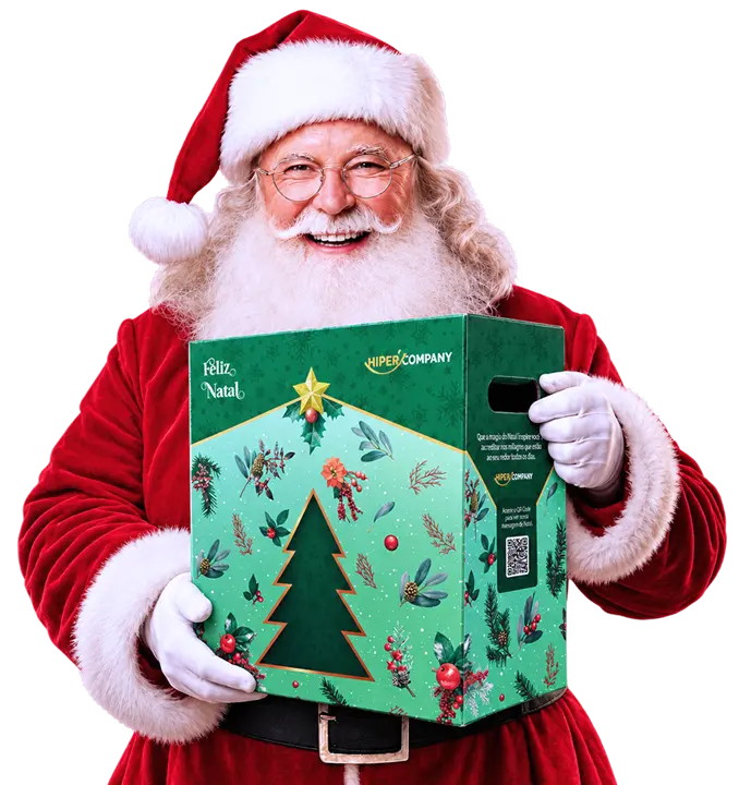 Papai Noel segurando a caixa natalina Hiper Company